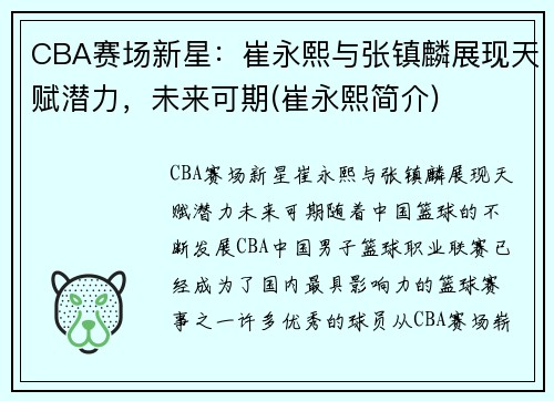 CBA赛场新星：崔永熙与张镇麟展现天赋潜力，未来可期(崔永熙简介)