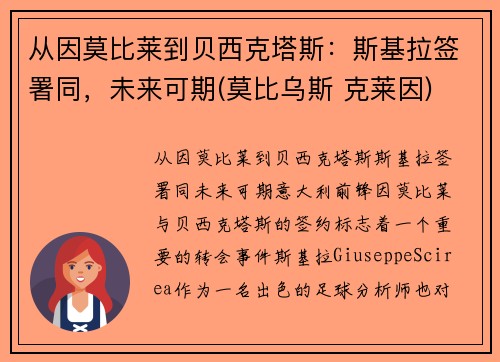 从因莫比莱到贝西克塔斯：斯基拉签署同，未来可期(莫比乌斯 克莱因)