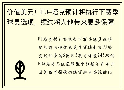 价值美元！PJ-塔克预计将执行下赛季球员选项，续约将为他带来更多保障