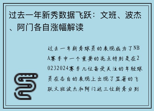 过去一年新秀数据飞跃：文班、波杰、阿门各自涨幅解读