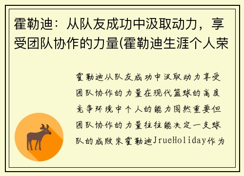 霍勒迪：从队友成功中汲取动力，享受团队协作的力量(霍勒迪生涯个人荣誉)