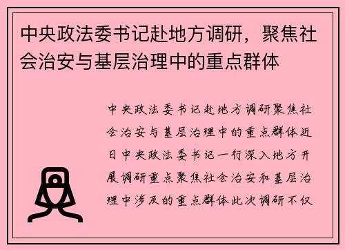 中央政法委书记赴地方调研，聚焦社会治安与基层治理中的重点群体