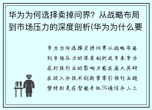 华为为何选择卖掉问界？从战略布局到市场压力的深度剖析(华为为什么要出售)